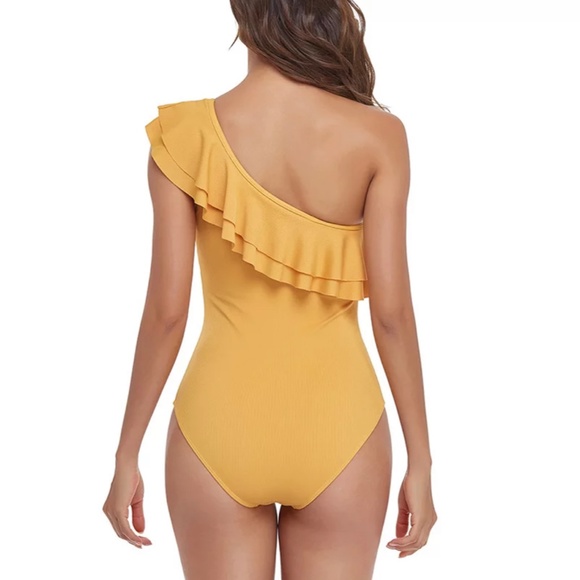 Mustard Yellow One Piece Ribbed Body Ruffle Top - Picture 2 of 4
